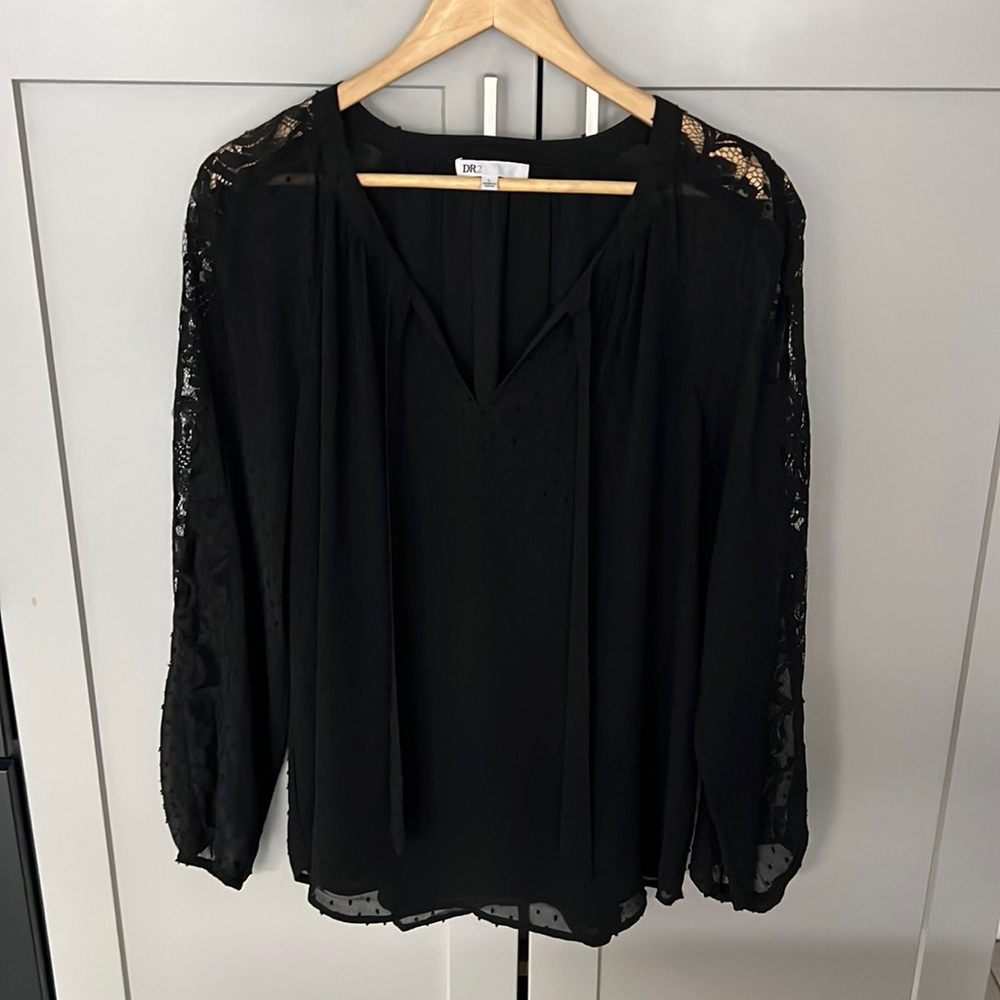 DR2 Sheer Lace Black Classy Polka Dot Dotted Chic Comfy Long Sleeves Top Large L